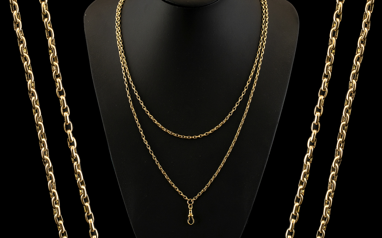 Victorian Period 1837 - 1900 Excellent Quality 9ct Gold Muff Chain, Stamped 9ct Gold.