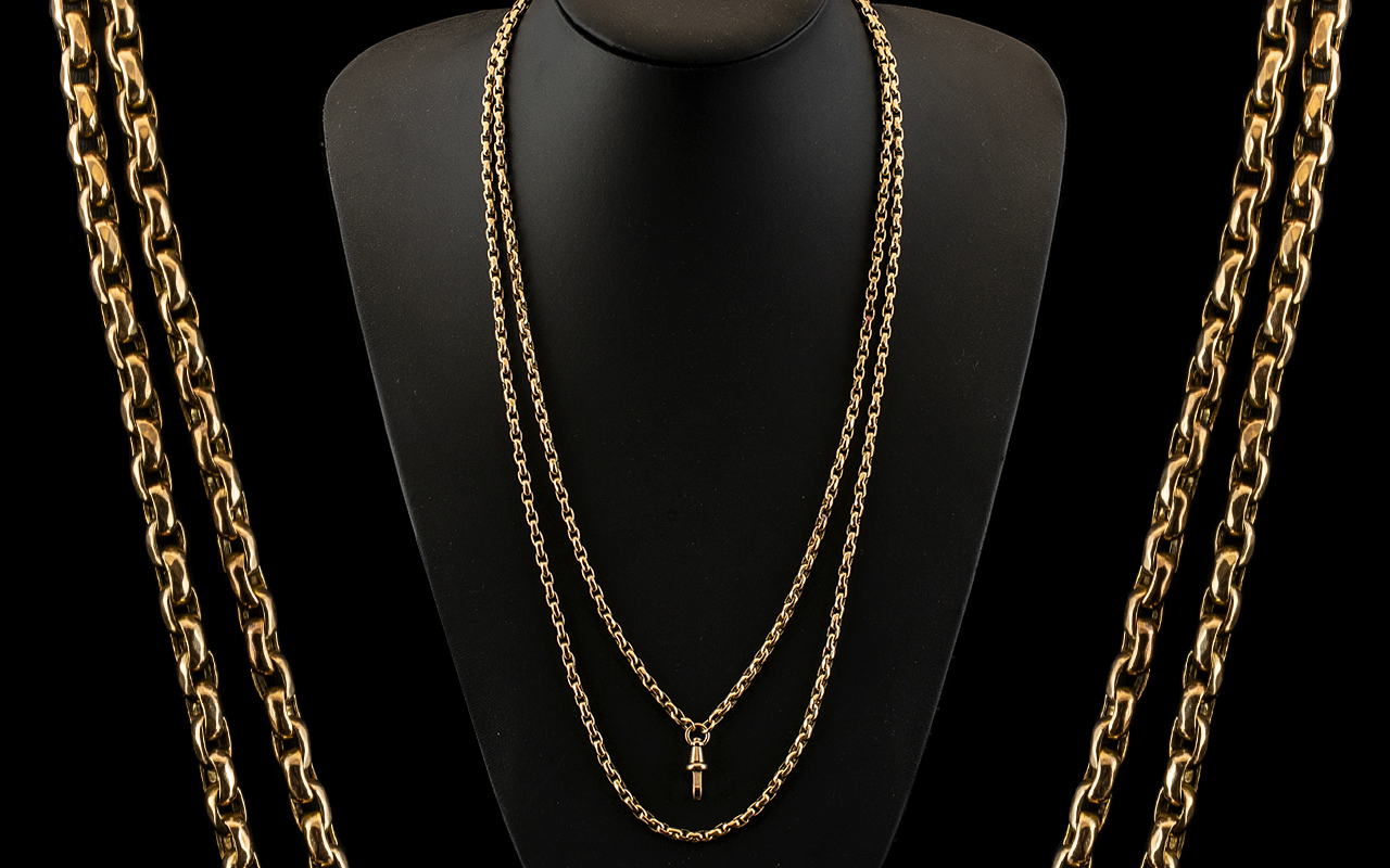 Victorian Period 1837 - 1900 Superb Quality 9ct Gold Long Muff Chain, Stamped for 9ct Gold.
