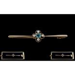 Edwardian Period - Nice Quality 15ct Gold and Platinum Diamond and Aquamarine Set Brooch. The