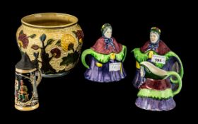 Staffordshire Pottery Three Piece Tea Set in the shape of Old Mother Riley character,