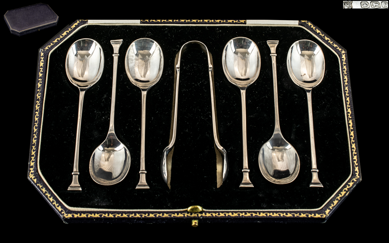 Excellent 1920's Sterling Silver Boxed Set of Six Coffee Spoons and Matching Sugar Nips.