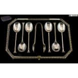 Excellent 1920's Sterling Silver Boxed Set of Six Coffee Spoons and Matching Sugar Nips.