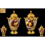 Royal Worcester Ex Artist Brian Cox Signed and Hand Painted Pair of Lidded Fruit Vases ' Fallen