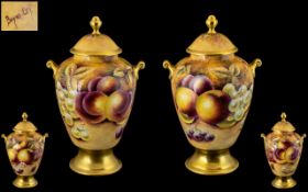 Royal Worcester Ex Artist Brian Cox Signed and Hand Painted Pair of Lidded Fruit Vases ' Fallen