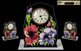 Moorcroft Large Tube lined Contemporary Mantel Clock ' Anemone Design ' On Blue Ground.