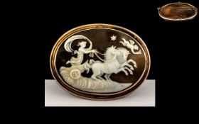 Antique Period 9ct Rose Gold Mounted Shell Cameo Brooch, Depicts a Greek Classical Scene,