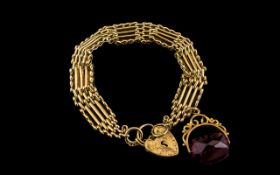 Antique Period 9ct Gold - Fancy 5 Bar Gate Bracelet with Heart Shaped Padlock and Safety Chain (