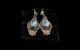 Larimar Long Drop Earrings, two solitair