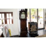 Antique Small Size Cottage Oak Cased Grandfather Clock with a Painted Arch Dial, 8 Day Movement,