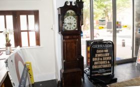 Antique Small Size Cottage Oak Cased Grandfather Clock with a Painted Arch Dial, 8 Day Movement,