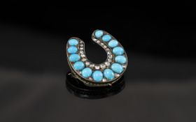 Victorian Period - Superb and Impressive 15ct Gold - Turquoise and Diamond Set Horseshoe Brooch.