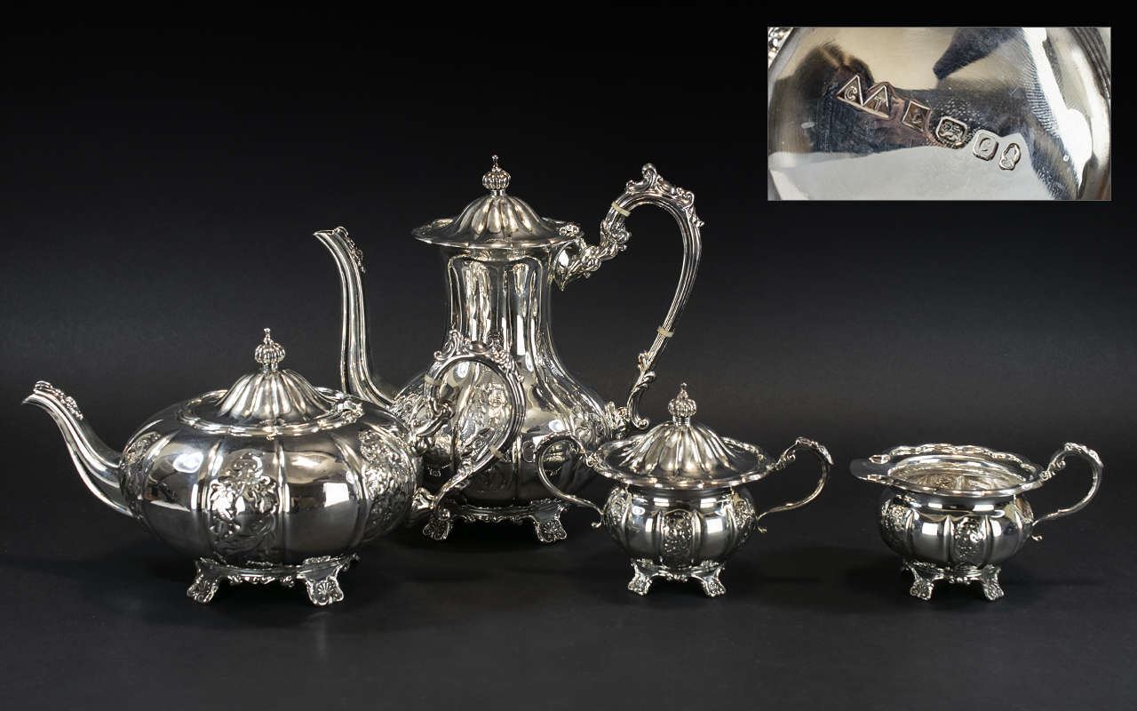 Elizabeth ll Sterling Silver Large and Impressive Four Piece Coffee and Tea Service of excellent