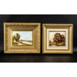 Two Small Oil Paintings on Wood Panels, One Depicting a River Landscape with Ducks and Trees,