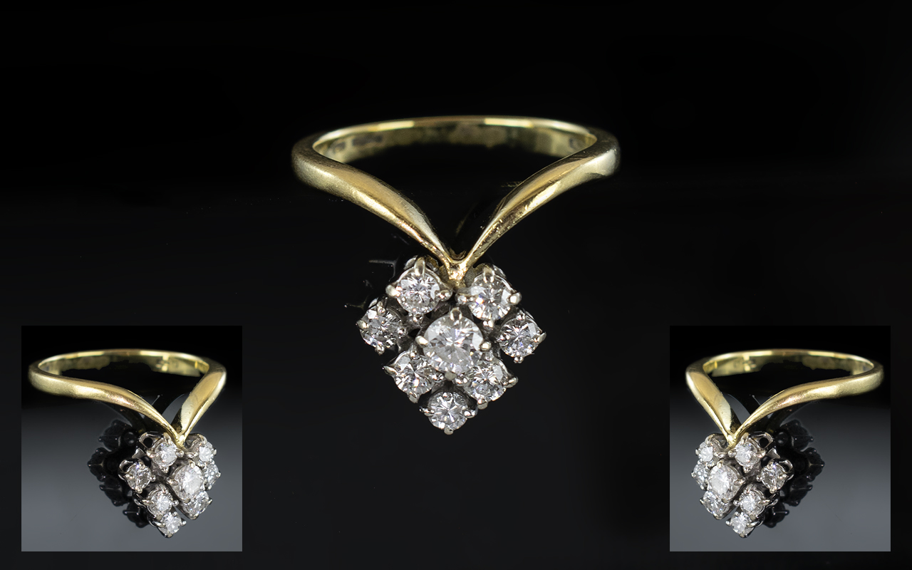 18ct Gold - Contemporary Designed Diamond Set Cluster Ring. Full Hallmark for 750 - 18ct.