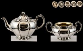 Barnard Brothers - Superb Quality Matched Silver Teapot and Large Twin Handle Sugar Bowl, Melon