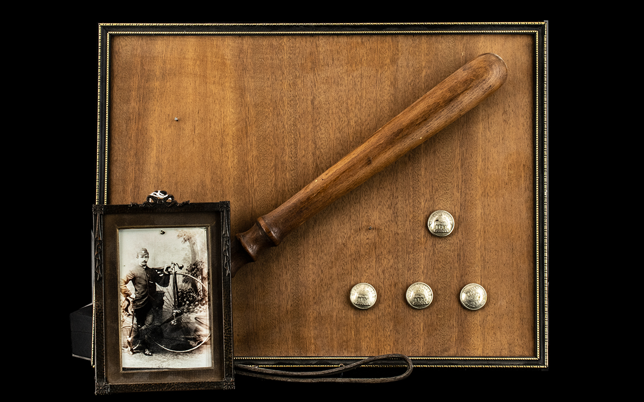 Wigan Police Force - Victorian Set of Four buttons, truncheon and framed photograph of a uniformed