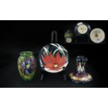 Moorcroft Trio of Small Hand Painted Tubelined Modern Pieces comprising 1/ Squat Candlestick,