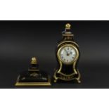 Small French Black Lacquered Bracket Clock with matching base, the white,