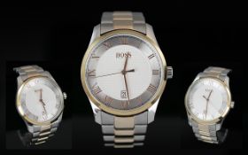 Boss Signed Gold Tone and Brushed Steel Wrist Watch,