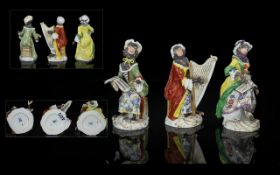 Meissen Early 20thC Hand Painted Trio of Wonderful Monkey Band Porcelain Figures ( 3 ) In Total.