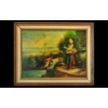 Oil on Board - Impressionist Painting of 2 Young Boys Fishing with Line In River and Young Lady
