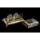 Silver Plated Double Well Desk Inkstand with pen tray, EPNS, c1930s, 9 inches (22.5cms) wide,