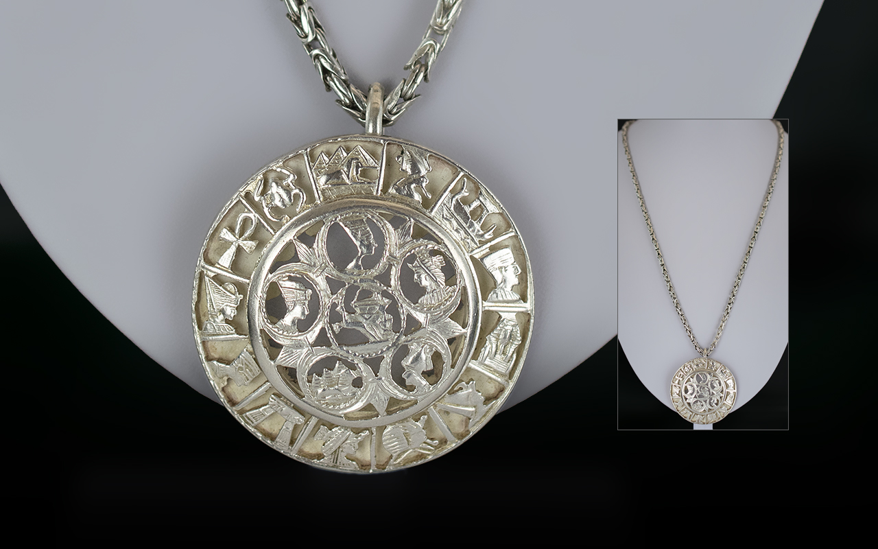 Egyptian - Good Quality Silver Round Pendant Set with Egyptian Images and Symbols to Centre and