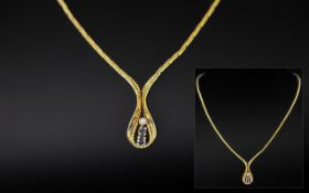 Ladies 9ct Gold Diamond and Sapphire Set Necklace With Drop, fully hallmarked for 9.