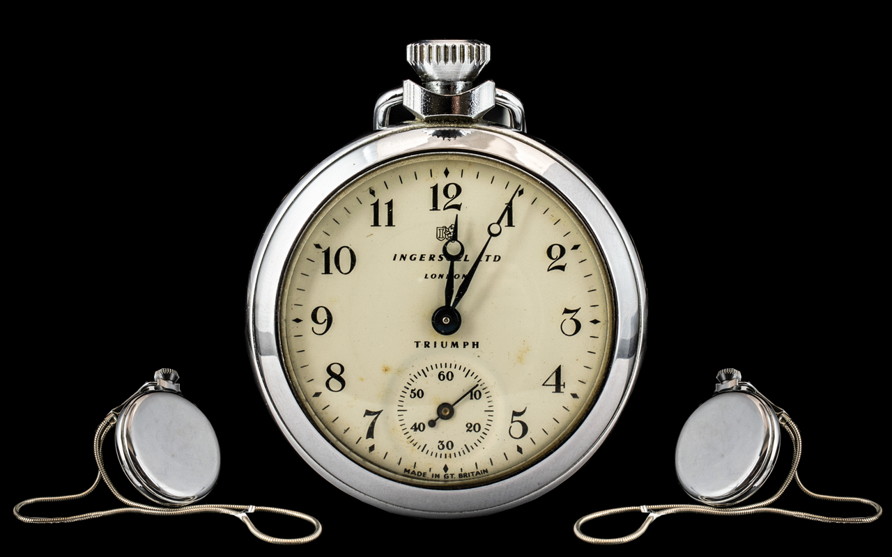 Ingersoll - Triumph Chrome Cased 1950's Pocket Watch with six-eater second hand. Working at time