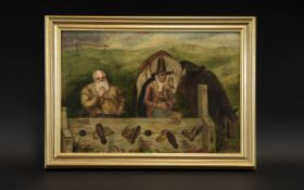 An Oil Painting on Board, depicting Hadibras in the stocks, with his companion.