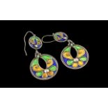 Beautiful Quality Pair of Large Round Multi Coloured Enamel Set Silver Earrings.