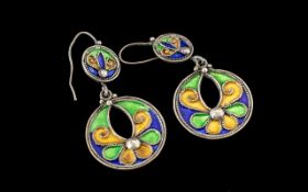 Beautiful Quality Pair of Large Round Multi Coloured Enamel Set Silver Earrings.