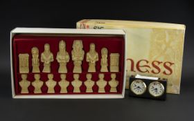 Hand Made Carved Chess Pieces, with Egyptian themed characters from Rameses, in ivory and burgundy,