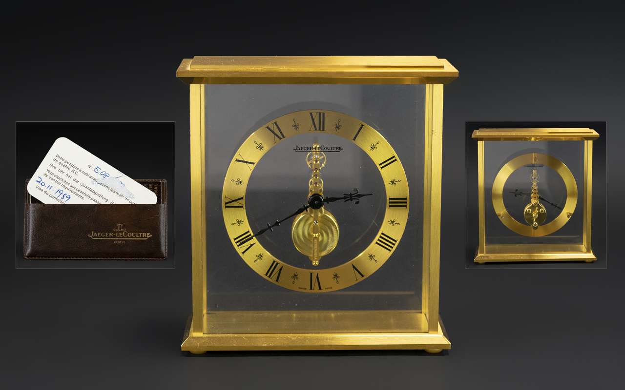 Jaeger-le-Coultre Ionic Gilt Metal Baguette Skeleton Clock, Jewelled Movement, Minimalistic Design,