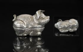 Novelty Chinese Silver Antique Pill Box In the Form of a Pig.
