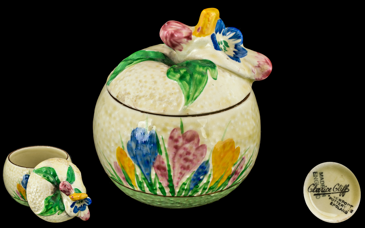 Clarice Cliff Hand Painted - Lidded Jam Pot of Small Proportions ' Spring Crocus ' Design. c.1929.