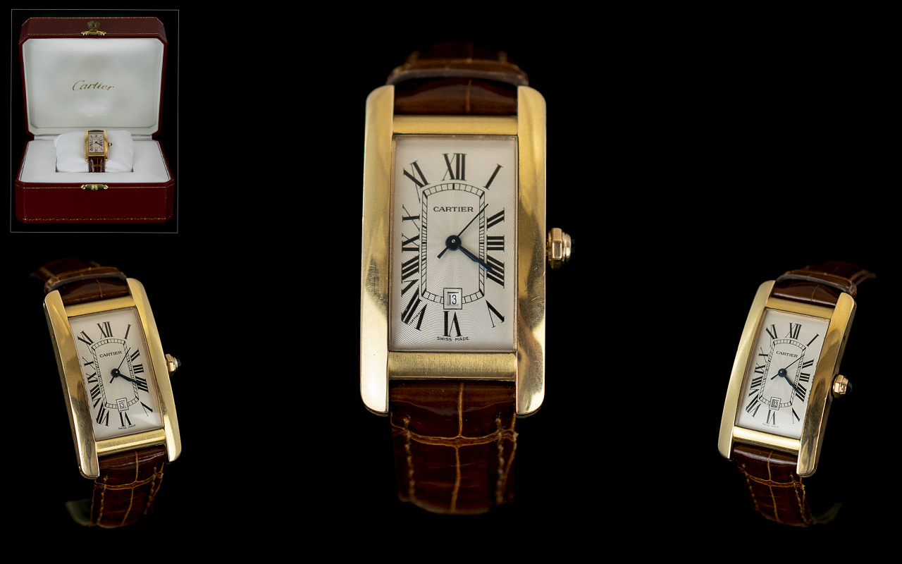 Cartier - Tank Americaine 18ct Gold Automatic Wrist Watch.