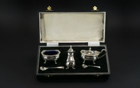 Elizabeth ll Five Piece Sterling Silver Condiment Set, boxed, complete with blue glass liners,