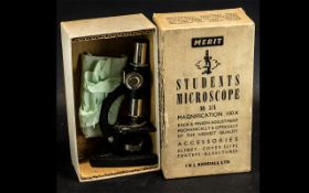 Vintage Merit Boxed Students Microscope No 3/A, magnification 100X, by J and L Randall Ltd.