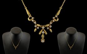 18ct Yellow Gold - Attractive Diamond Set Ornate Pendant Drop with Attached 9ct Gold Later Chain.