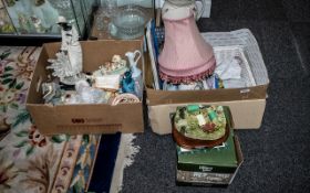 Two Boxes of Assorted Collectibles, comprising table lamp, figurines, cabinet plates, vases,