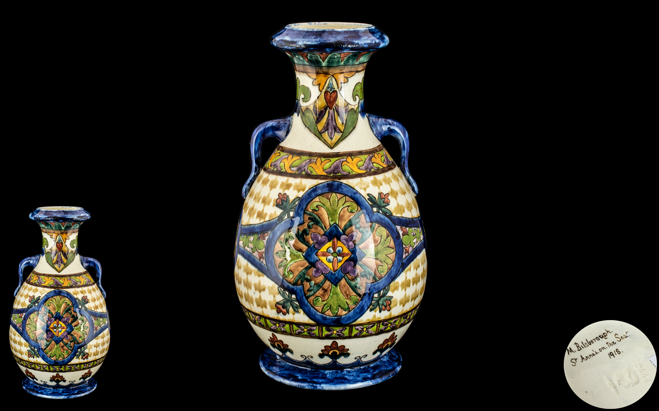 Pilkingtons Royal Lacastrian - Hand Painted Superb Lustre Twin Handle Vase. c.1918. Vibrant Colours,