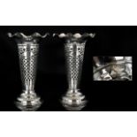 Edwardian Period Superior Pair of Sterling Silver Tapered Vases with Open Worked Stems,