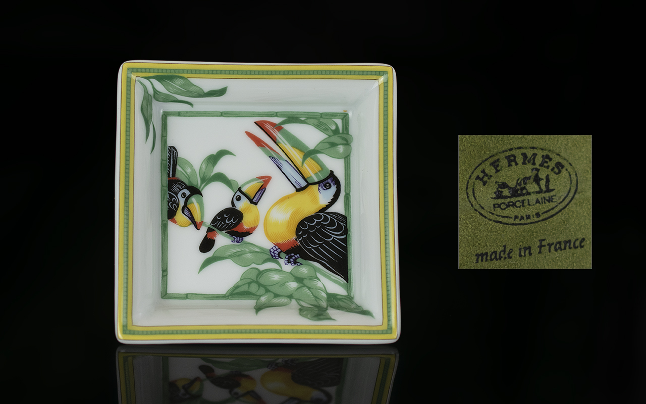 Hermes - Paris Small Hand Painted Porcelain Pin Dish of Square Form,