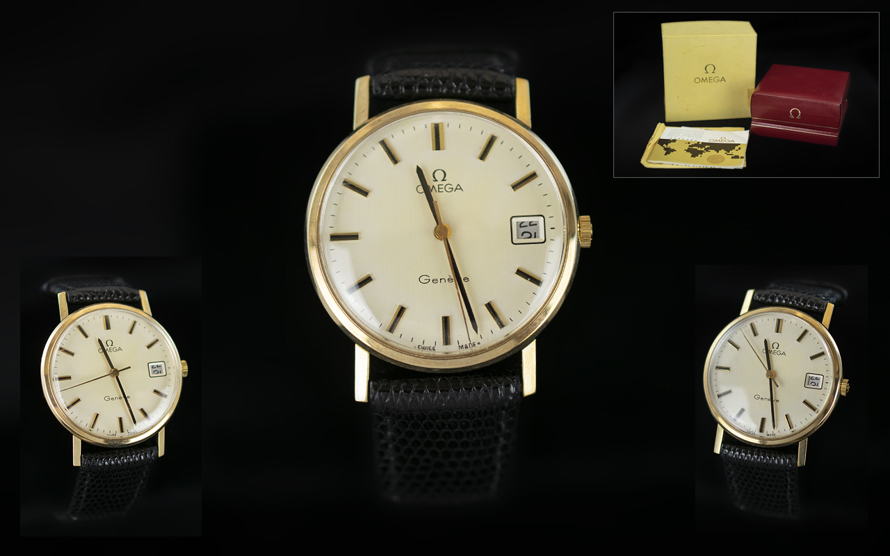 Omega Gents Mechanical 9ct Gold Date Just 1970s Wrist Watch, full hallmark to back cover,