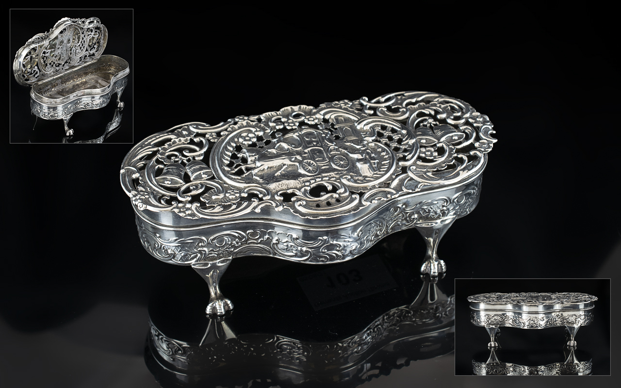 Edwardian Period - Superb Quality Sterling Silver Embossed Ladies Table Box of Serpentine Form /