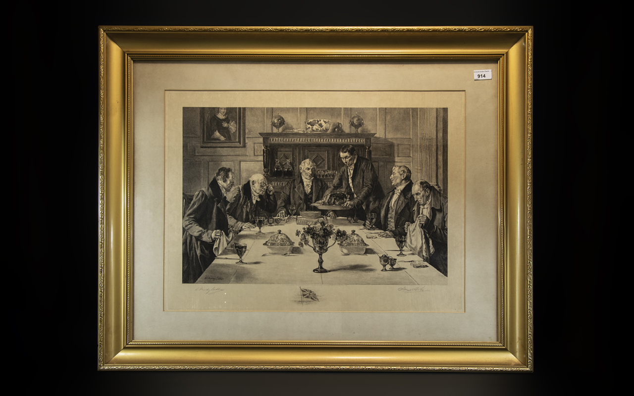 A Pencil Signed Denby Sadler Print, of gentlemen eating a roast beef dinner in a Victorian setting.