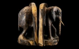 Pair of Unusual Extra Large Carved Hard-Wood Bookends In the Form of a Standing Elephant,