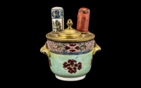 Unusual 18th/19th Century French Soft Paste Porcelain Ormolu Mounted Desk Seal Container, the lidded