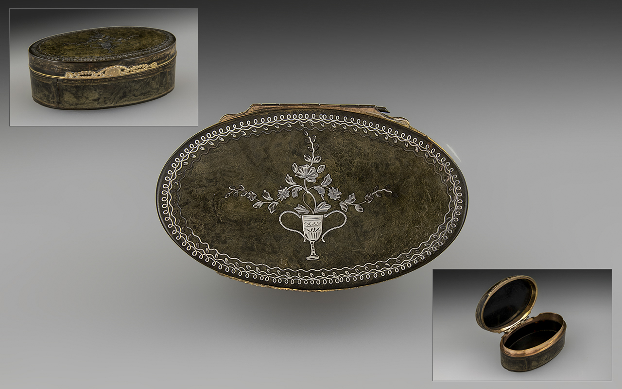French 18th Century Magnificent Pressed Horn Lidded Snuff Box, of oval form, circa 1780.